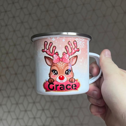 Personalised Children’s Christmas Enamel Mug – Reindeer Design