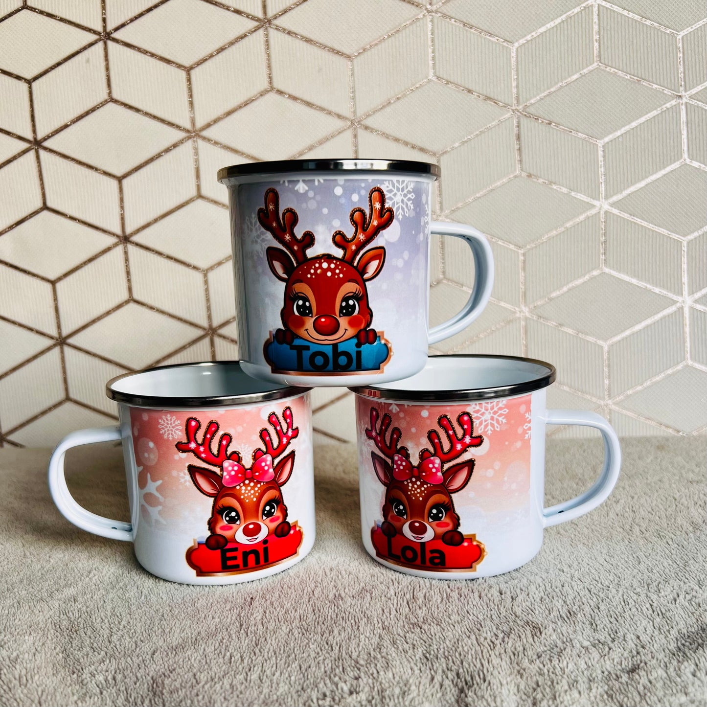 Personalised Children’s Christmas Enamel Mug – Reindeer Design