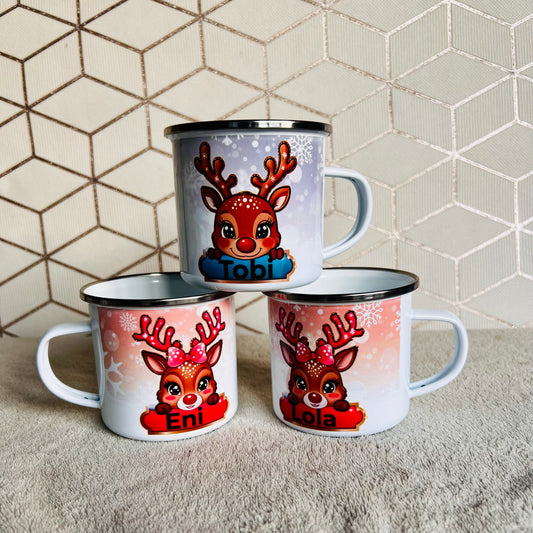 Personalised Children’s Christmas Enamel Mug – Reindeer Design